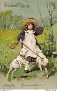 Joyeuses Paques (fillette derrière 2 agneaux qu'elle tient en laisse)