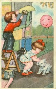 Il colle une affiche en laissant couler de la colle sur sa copine qui accroche un ballon au cou du chien