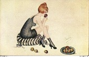 Plaisirs d'Eté.( Femme assise sur un coussin, mangeant une pomme)