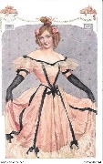 Jeune femme  en robe de soirée rose époque Biedermeier)