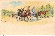 Calèche tirée par deux chevaux ,un blanc, un brun, en direction droite. Deux cal