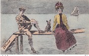 Couple avec chien assis sur planche au bord de l'océan