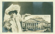 Bruxelles le Théâtre Royal. présenté par une jolie dame au chapeau et à l'ombrelle