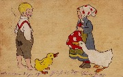 (Petite fille avec une oie et garçon avec un caneton)