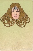 (vue de face d'une femme à la chevelure stylisée Art Nouveau)