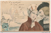 (Au XVème siècle, couple devant un village enneigé)
