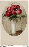 (dans un ovale, vase avec des roses rouges)