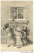 (A la fenêtre, 3 enfants offrant du houx)