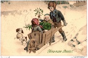  Heureuse Année!(Un garçon pousse une brouette où 2 petite filles portent un sapin de Noël))
