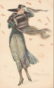 Bompard. Femme au vent avec &eacute;tole et grand chapeau plat