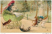 Chats tirant un landau