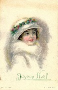 Joyeux No&euml;l (jeune femme au chapeau d&eacute;cor&eacute; d'une guirlande et au col en hermine)