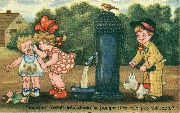 Elle est tomb&eacute;e et pleure, un fillette lui frotte le visage le gar&ccedil;on se moque Pourquoi verser tant d'eau la pompe n'est elle pas suffisante
