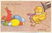 Joyeuses Pâques poussin à monocle face aux oeufs... Joyeuses Pâques poussin à monocle face aux oeufs...