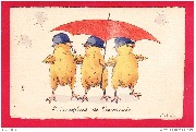 Trois poussins casqu&eacute;s sous un parapluie.. Le parapluie de l'escouade
