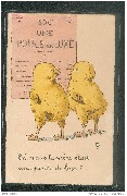Deux poussins regardant un panneau. Est-ce que ta m&egrave;re &eacute;tait une poule de luxe ?