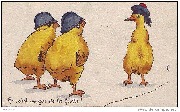 Deux poussins fran&ccedil;ais casqu&eacute;s. &ccedil;a c'est un gar de la flotte (regardant un canard avec b&eacute;ret marin)