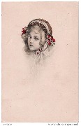 (Jeune fille avec un bonnet orn&eacute; de 2 petis bouquets de fleurs rouges)
