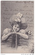 (Jeune fille avec un chien appuy&eacute;e &agrave; une barri&egrave;re)