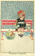 Bonne ann&eacute;e. Fill&eacute;tte et chien sur un banc sous la neige