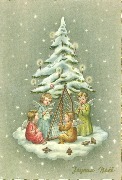 Joyeux No&euml;l. Quatre anges chantent devant un sapin enneig&eacute; avec bougies