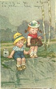 Fillette et gar&ccedil;on avec canne &agrave; p&egrave;che