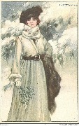 Femme en blanc devant un sapin enneigé