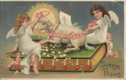 Agneau Pacal sur un livre (bible?) entour&eacute; de deux angelots, bourgeons de saule