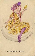 Femme en robe jaune tenant un poussin sur la main et assise surun oeuf g&eacute;ant