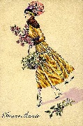Elle marche bouquet de rose à la main et panier de gui de l'autre Elle marche bouquet de rose à la main et panier de gui de l'autre