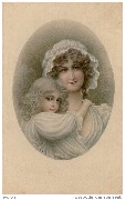 Jeune femme coiffée d'une charlotte blanche, avec son fils