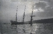 (s&eacute;rie Marine - grand bateau &agrave; 3 m&acirc;ts &eacute;chou&eacute;, c&ocirc;te &agrave; droite)