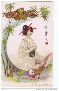 Japonaise vue de profil-entour&eacute;e par un reptile? et un oiseau 
