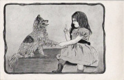 Xavier Sager. Fillette faisant remontrance du doigt à un chien