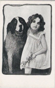 Xavier Sager. Fillette, fleur et Saint-Bernard