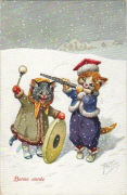 Bonne ann&eacute;e. Chats humanis&eacute;s. Musiciens dans la neige