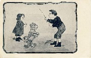 Xavier Sager. Fillette et garçonnet faisant faire le beau à un chien