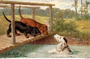 (Deux teckels sur un pont de ois regardent un &eacute;pagneul nageant dans la rivi&egrave;re)