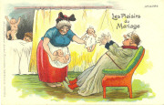 Les plaisirs du mariage. (une bonne pr&eacute;sentant les nombreux b&eacute;b&eacute;s de l'&eacute;pouse au mari)