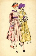 Deux femmes d&eacute;ambulant, l'une au chapeau &agrave; damier jaune et noir, l'autre robe jaune et chapeau bleu