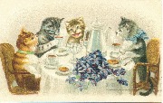 Chats assis &agrave; une table &agrave; l'heure du th&eacute;?