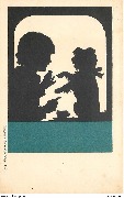 (silhouette enfant &agrave; table et chien qui fait le beau)