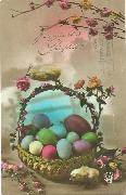 Panier &agrave; oeufs,poussins et fleurs