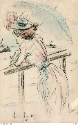 (Femme observant la mer sous une ombrelle)
