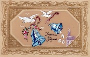 Joyeuses P&acirc;ques(deux colombes tenant deux cloches par un fil en relief)