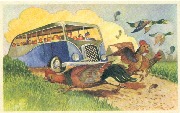 Vacances humoristiques (Un car bleu fonce dans la campgne, coq, poule et canards perdent des plumes)
