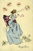 Bonne ann&eacute;e. Femme soufflant quatre bulles, bonheur, prosp&eacute;rit&eacute;, sant&eacute;, voeux sinc&egrave;res