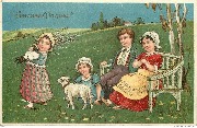 Joyeuses P&acirc;ques (3 fillettes et un gar&ccedil;on autour d'un agneau dans un pr&eacute;)
