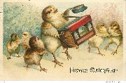 Frohes Osterfest (poussin mendiant avec un orgue de Barbarie)