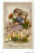 Fillette et gar&ccedil;onnet au pot de fleur. Bonne f&ecirc;te